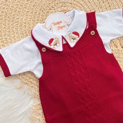 Conjunto Jardineira de Linha e Body Ursinho de Natal - Vermelho